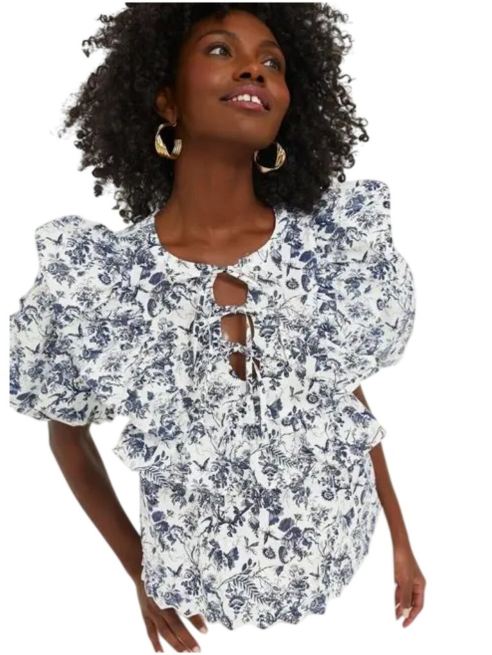Tuckernuck Nadia Blouse size M medium floral ruffle top navy blue white Hyacinth
